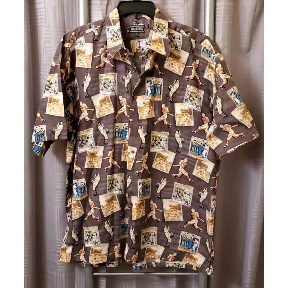 Vtg Saturday Evening Post Button Up Shirt Sz XL Nostalgia Baseball Stadium Top